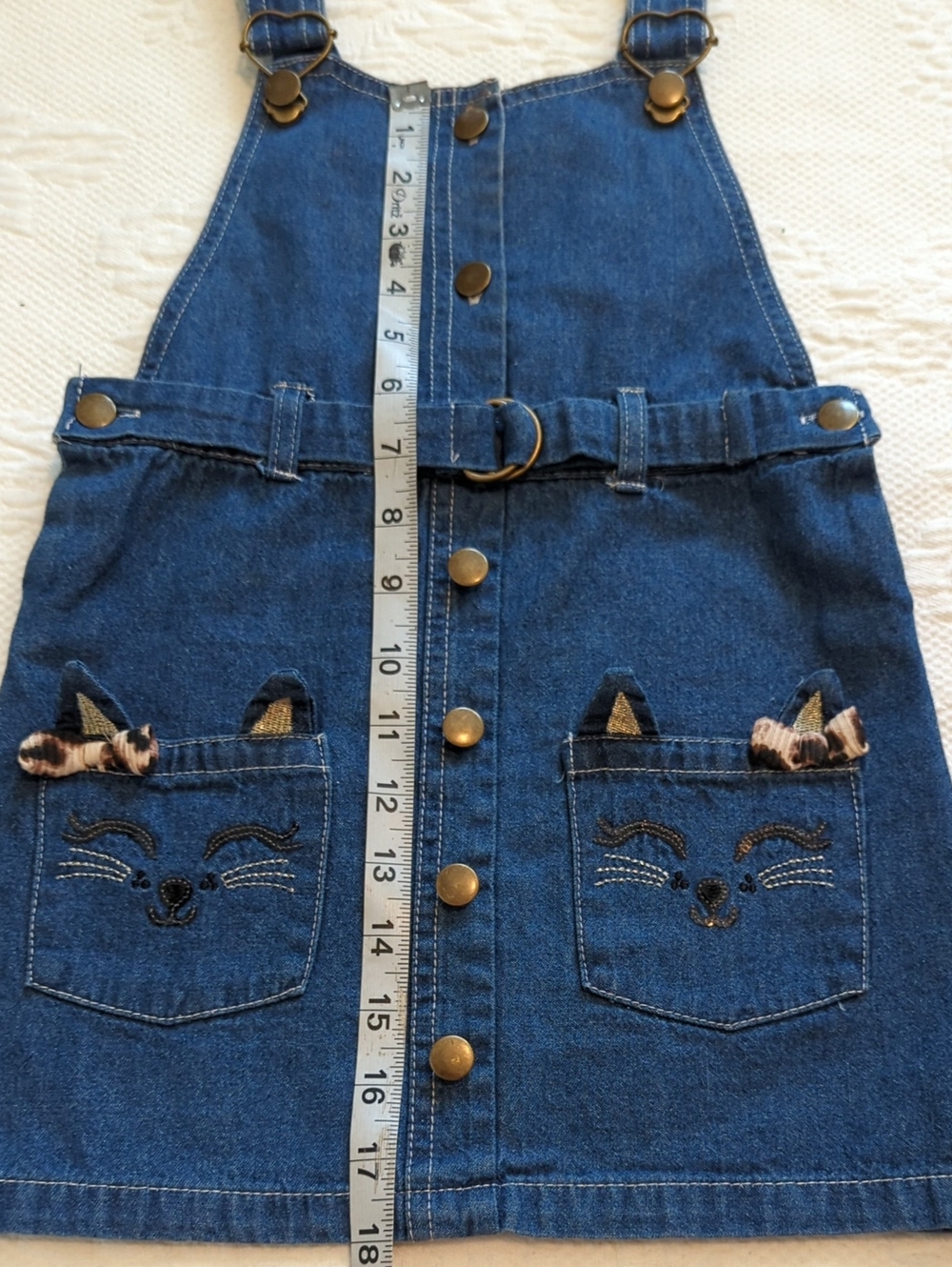 🎀😺 Denim Overall Dress/W Embroidered Cat Pockets /Black L/S Top/ Bow Size 5 - Picture 9 of 11